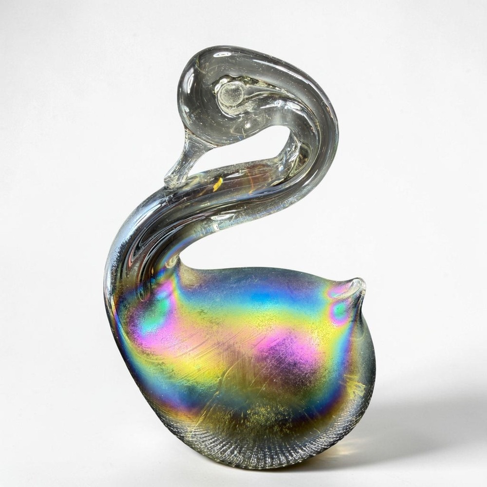 Vintage‎ 1980s Iridescent Art Glass Swan Figurine Oil Slick Rainbow Paperweight